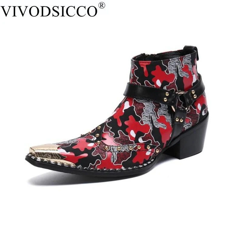 

New Punk Style Genuine Leather Men Ankle Boots Iron Pointed Toe Zip Mens Camouflage Rivets Military Cowboy Boots Botas Hombre