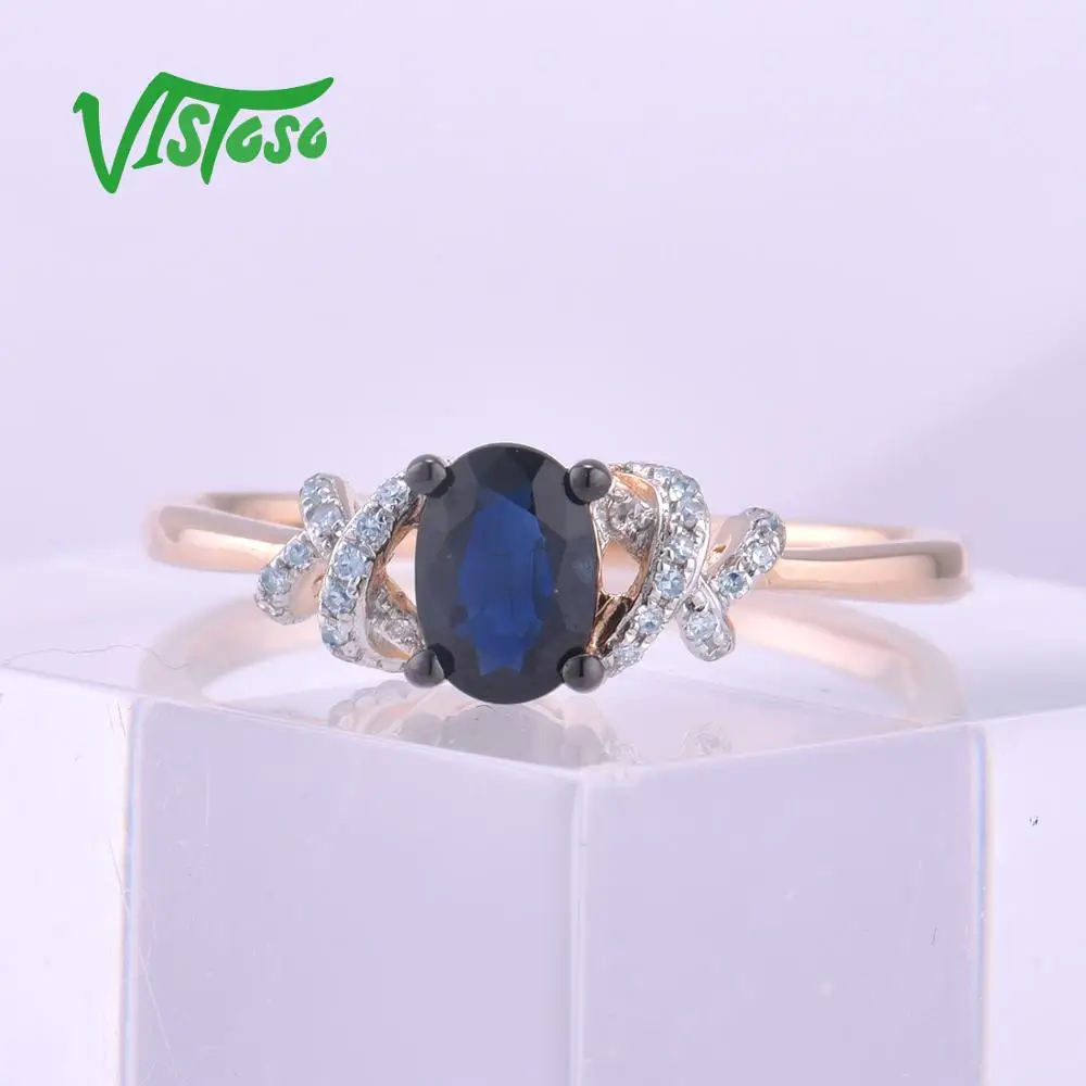 VISTOSO чистый 14K 585 из розового золота со сверкающими камнями необычные кольцо с синим сапфиром с позолотой для Для женщин свадебные Обручение Элегантные Роскошные ювелирные украшения