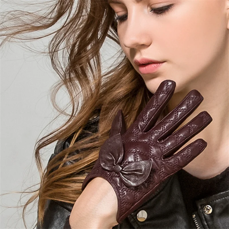 

Fashion Elegant Sheepskin Gloves Women Winter Plus Velvet Thick Warm Hand Repair Short Bow-Knot WL01