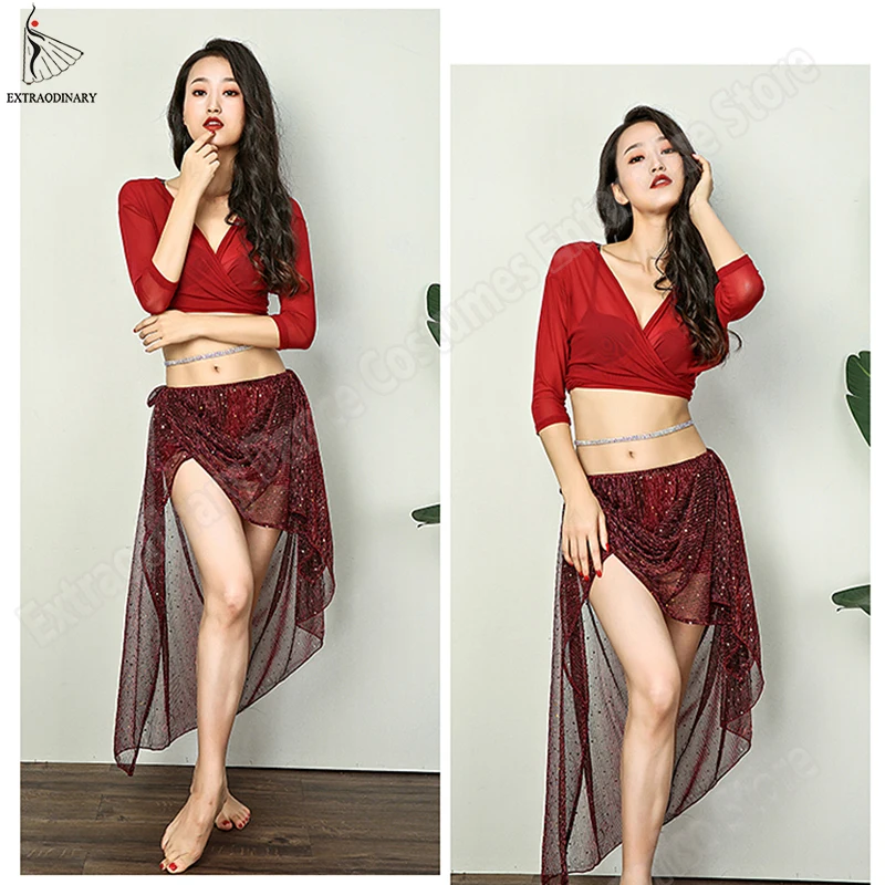 Женский костюм для танца живота комплект из топа и шарфа с блестками V образным