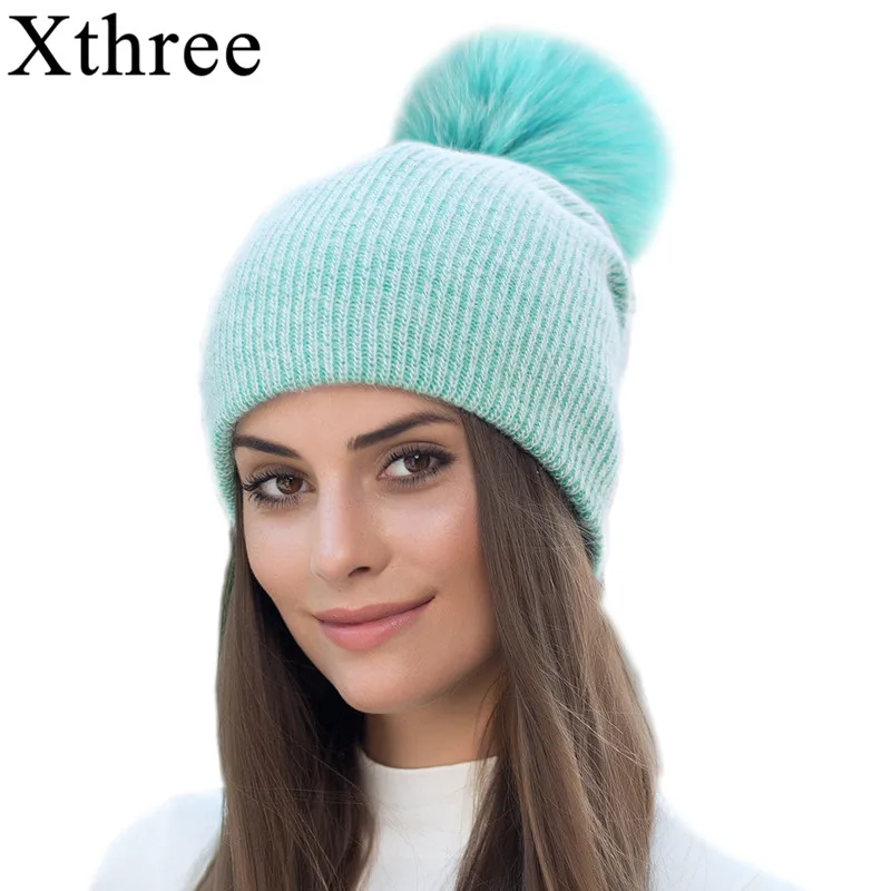 Новинка простая Зимняя Шапка бини Xthree из кроличьего меха с помпоном натурального