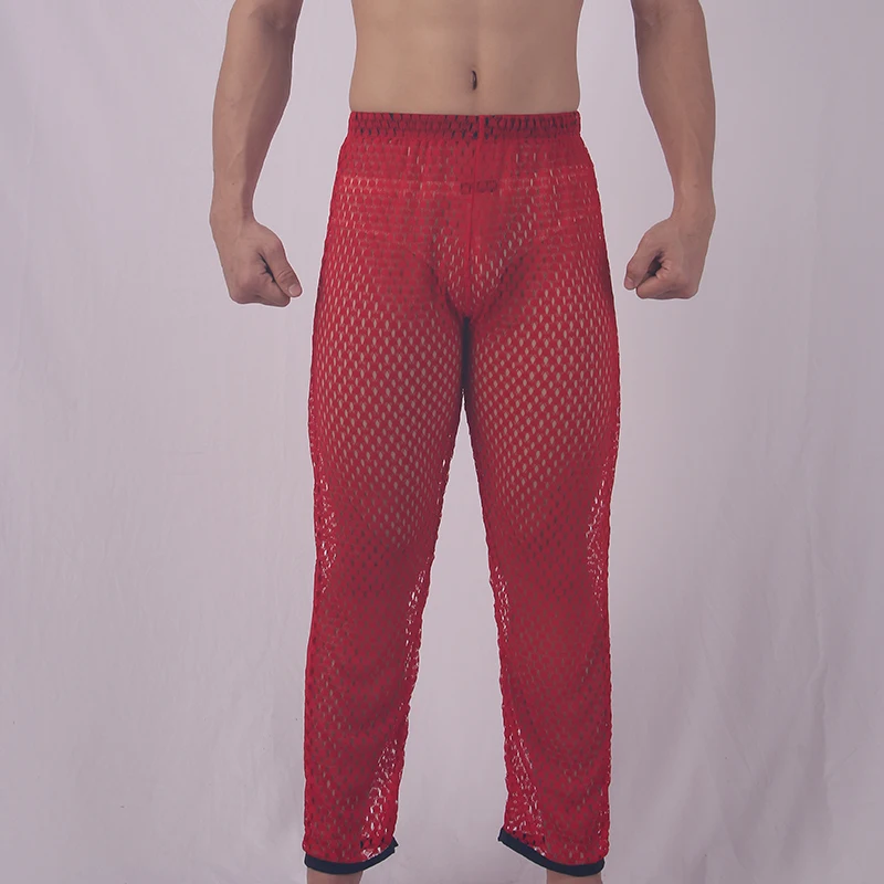 Мужские длинные дышащие штаны AIIOU черные прозрачные с дырками сексуальное нижнее