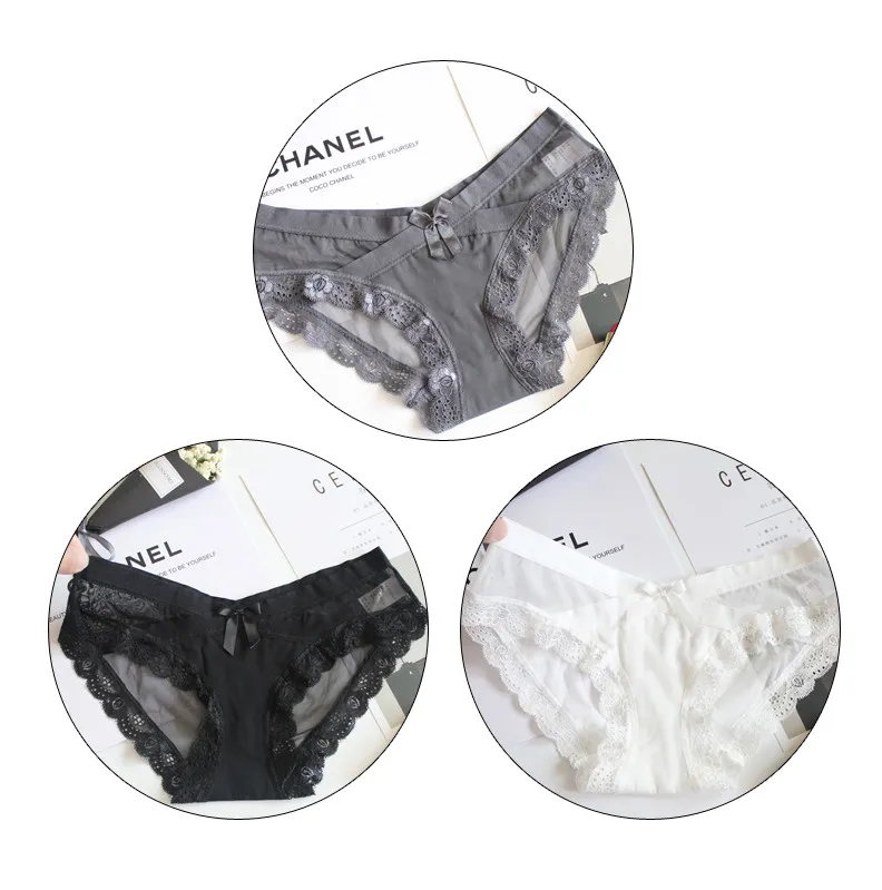 Gray black white TERMEZY, 3 шт., новинка, сексуальные женские трусы с кружевным краем, нижнее белье из хлопка с низкой талией, дышащее модное нижнее белье, шесть цветов - Цвет: Gray black white