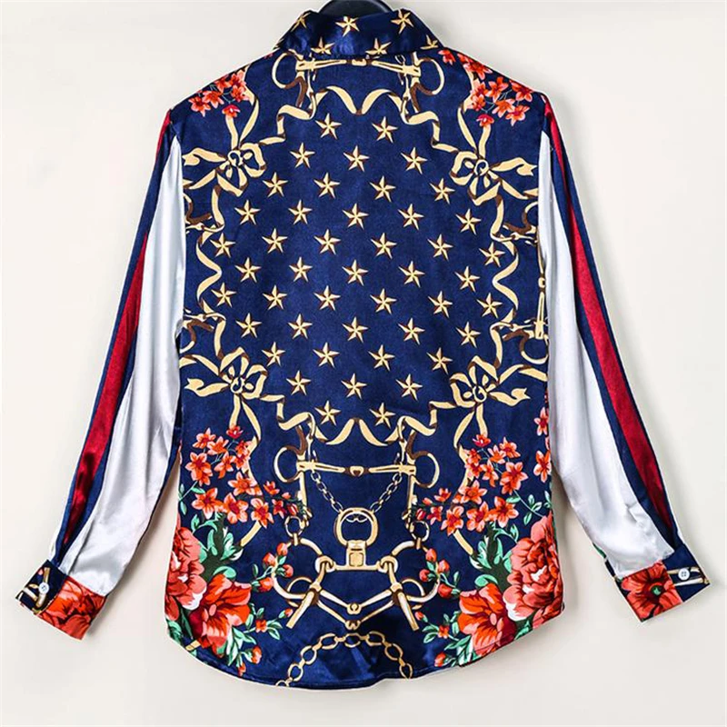 2019 Spring Women Elegant Party Loose Button Shirt Turn-down Collar Female Floral &amp Chains Print Casual Long Sleeve Blouse |