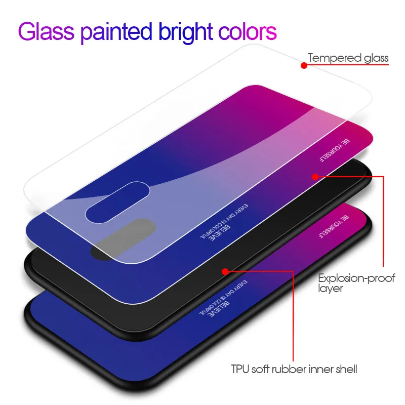 Gradient Tempered Glass Phone Case For OPPO F11 Pro R17 Find X R15X R19 K1 Silicone TPU Frame Hard Cover |