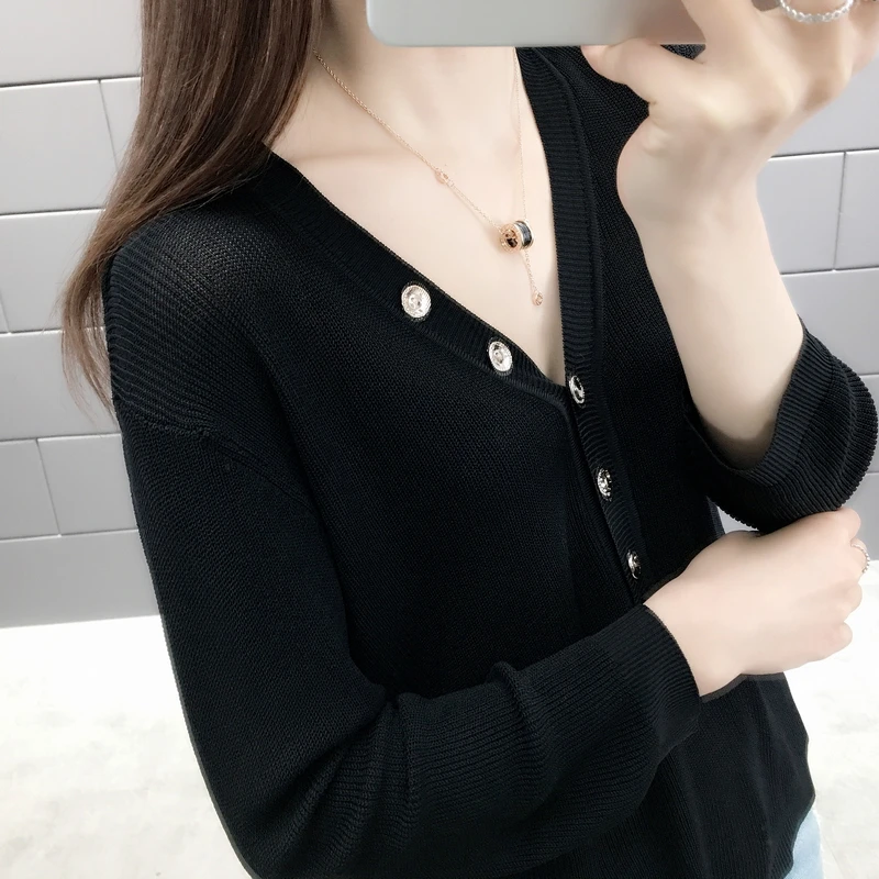 

Spring knitted sweater 33-10628 with new V-collar button, pure color and seven-sleeve