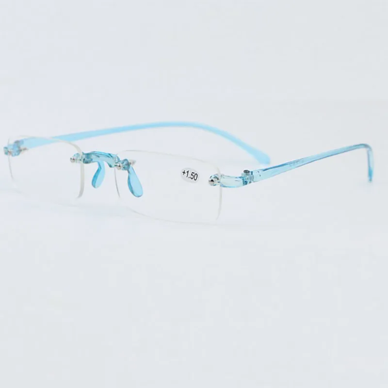 Transparent Blue Новые модные бескаркасные квадратные очки для чтения для мужчин и женщин удобные TR90 Ультра светильник оправа дальнозоркости 1,0-4,0 R058 - Цвет оправы: Transparent Blue