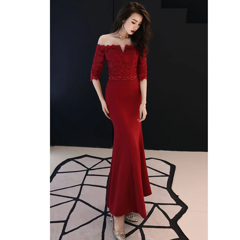 Beauty Emily Prom Gowns Plus size Beading Wine Red Lace Boat Neck Mermaid Floor Length Half Sleeves up Back Dresses | Свадьбы и