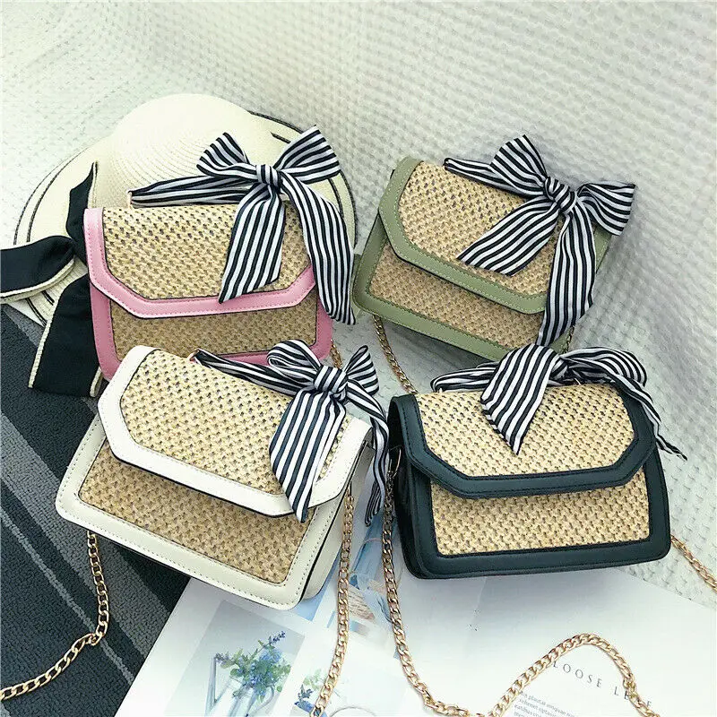 

NoEnName Hot New Women Fashion Straw Retro Chain Bag Rattan Square Beach Handbag Knitted Purse Shoulder Crossbody Messenger Bags