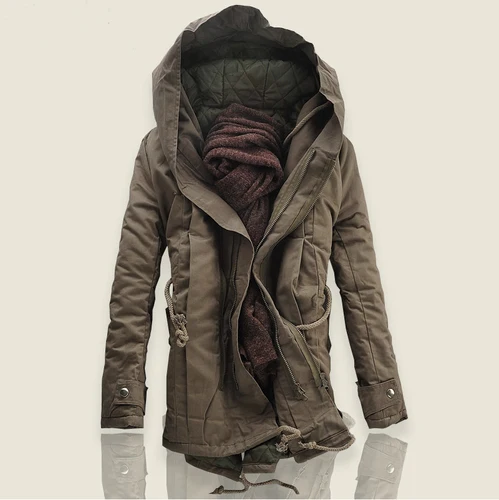 Dark khaki Осень и зима тренд толстый длинный с капюшоном ветровка сплошной цвет тонкий большой размер Мужская Повседневная теплая хлопковая куртка 5XL - Цвет: Dark khaki