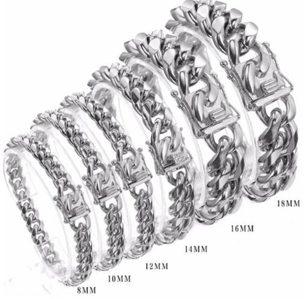 

8/10/12/14/16/18mm 316L Stainless Steel Silver Color Miami Cuban Curb Link Chain For Men Women Bracelet 7-11 Inches Option