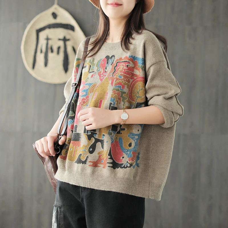 Осенне-зимний свитер Для женщин Ретро свободные рисунком топы с круглым вырезом