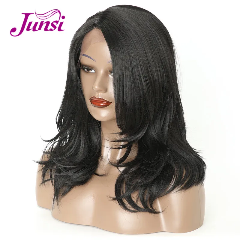

JUNSI Short Bob Wavy Lace Front Synthetic Wigs Black Wig With Heat Resistant Hair for Women Wig