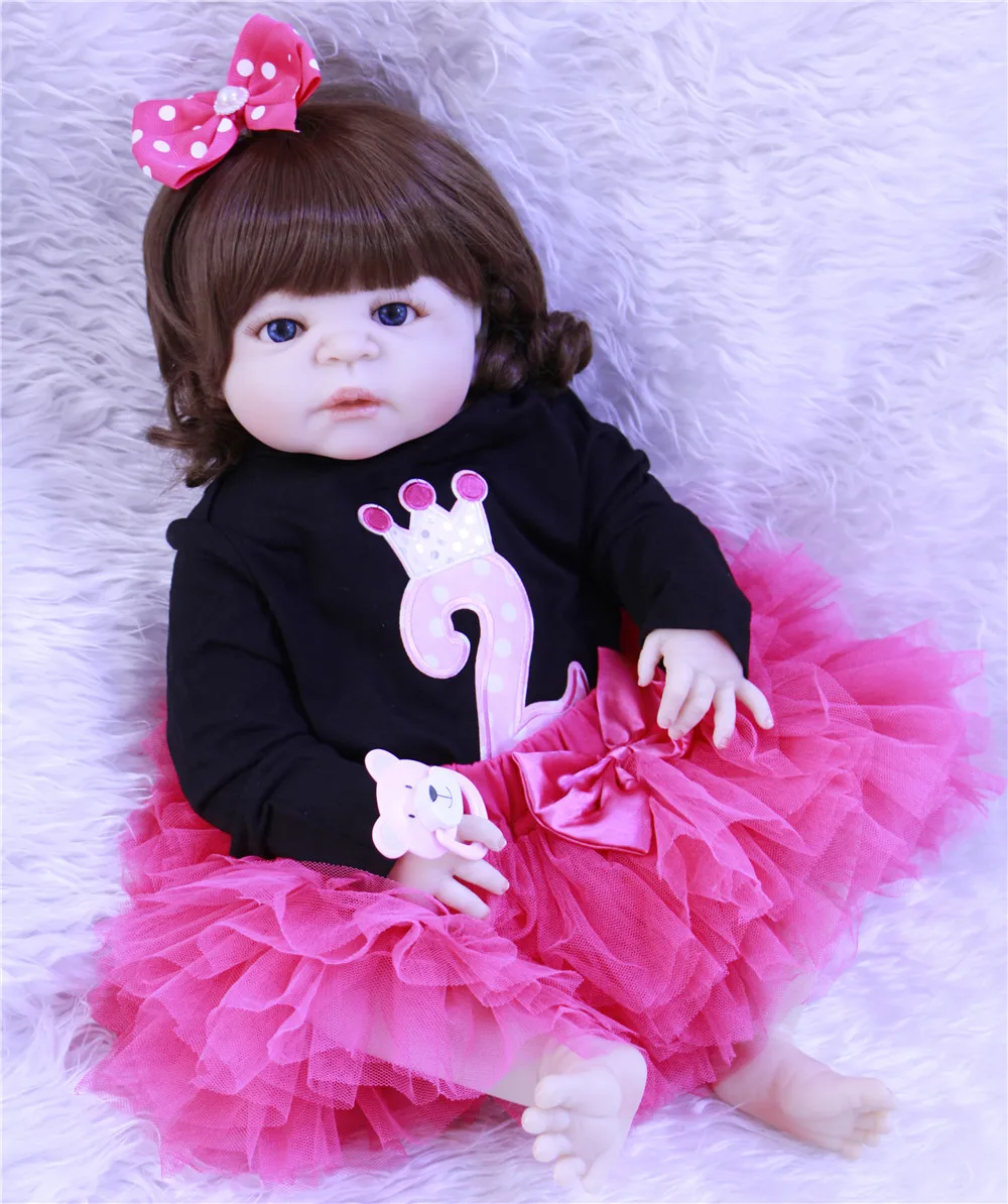 

NPK Victoria girl full silicone reborn baby girl dolls 23"57CM bebe gift reborn menina bonecas brown curly hair can bathe doll