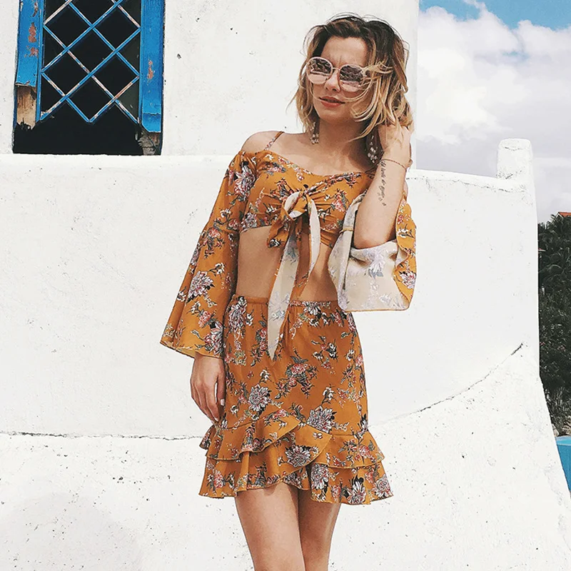 

2pcs Set Women Short Dress New Vintage Ladies Printed Strap Bowknot Tube Top Mini Ruffles Summer Beach Dresses Plus Size Vestido