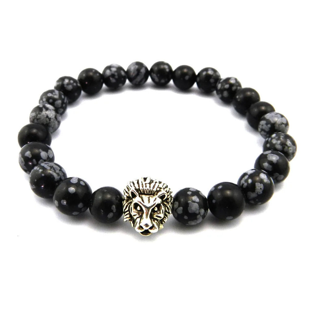 2018 New Design Mens Bracelets Retail 8mm Snowflake Obsidian Stone Beads Antique and Gold Lion Head for Women |