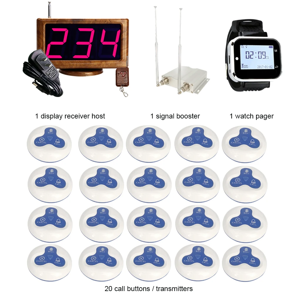 JINGLE BELLS Wireless Calling System 20 Buttons+ 1 Watch Pager+ Main host + repeater Hotel Call Bells |