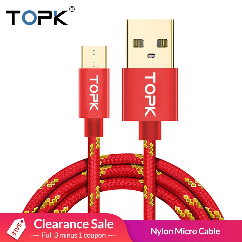 TOPK Micro USB Cable Nylon Braided Data Sync Cord For Samsung Xiaomi Huawei 1M 2M Mobile Phone Cables | Мобильные телефоны и