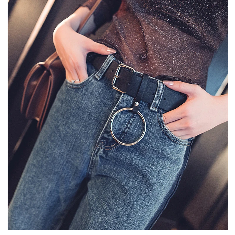 (100pc/lot) HOT Round buckle belts female leisure Jeans wild belt Silver Ring Pin metal buckle leather black strap belt women