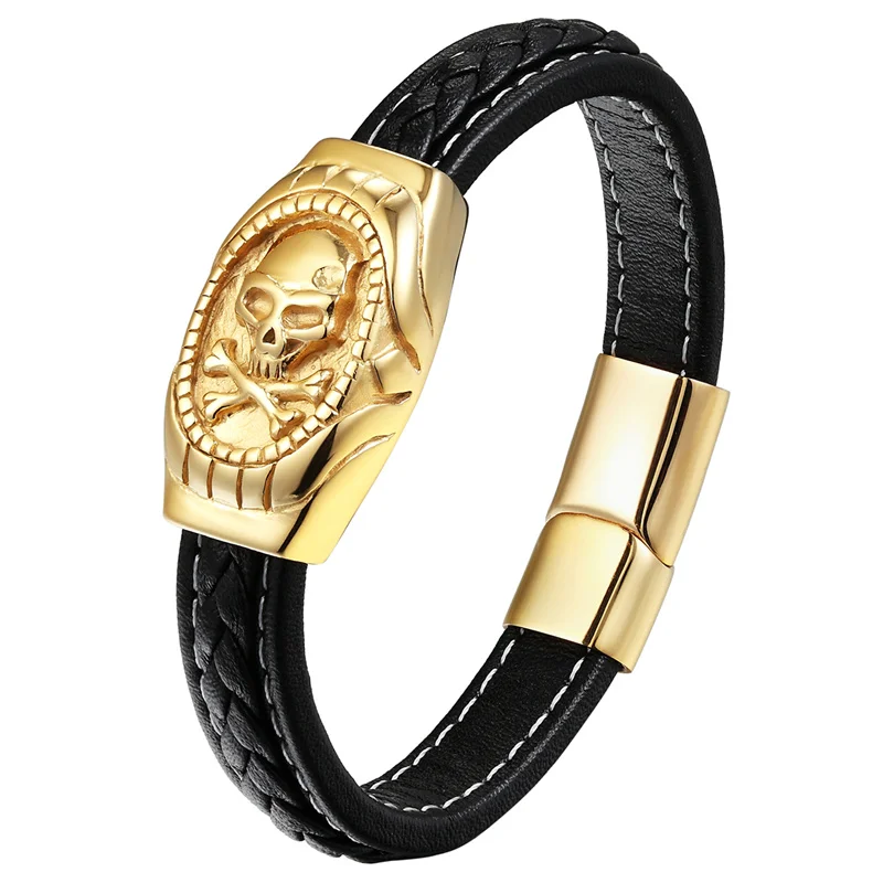 Панк Черная косичка кожаный браслет серебро/золото цвет из нержавеющей стали для