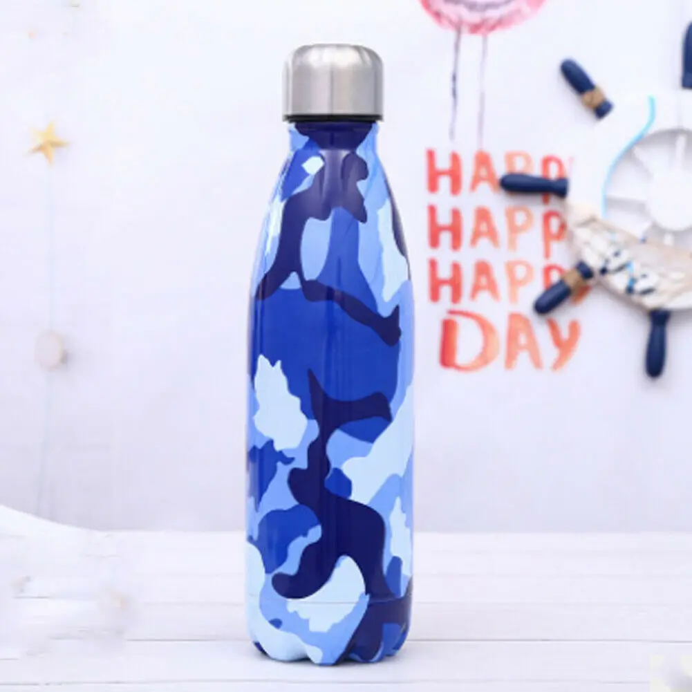 Blue Camouflage 500 мл бутылка для воды с вакуумной изоляцией, Термокружка, Спортивная, холодная, горячая, холодная чашка из нержавеющей стали, креативная кружка с мраморной головкой - Цвет: Blue Camouflage