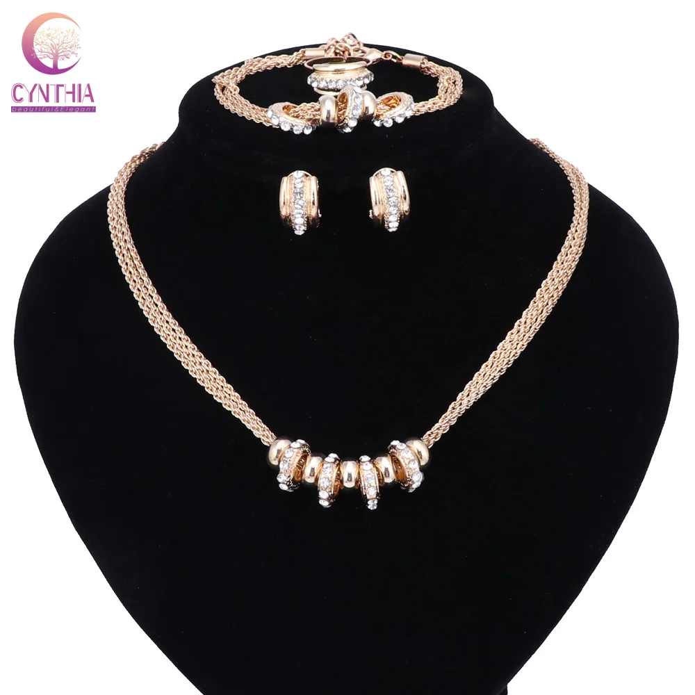 Свадебные золотые 3 цвета колье с изысканными кристаллами ювелирные наборы