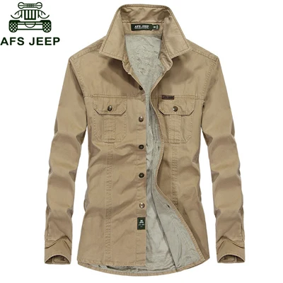 AFS JEEP, брендовая мужская флисовая рубашка, плотные теплые мужские рубашки, Военная рубашка, чистый хлопок, большой размер, M-6XL, Camisa Masculina Homme - Цвет: Хаки