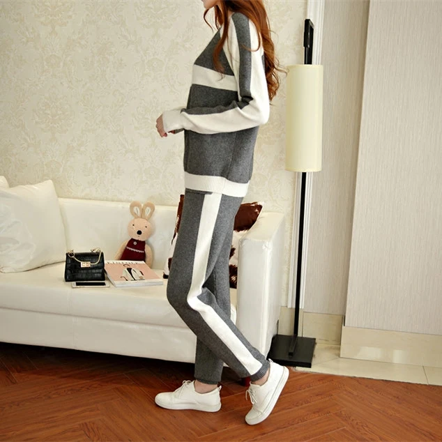 2020 Sale Spring New Fashion Mink Velvet Knitted Suit Round Neck Blush Sweater + Trousers Two Casual Female Pullover Wool Full