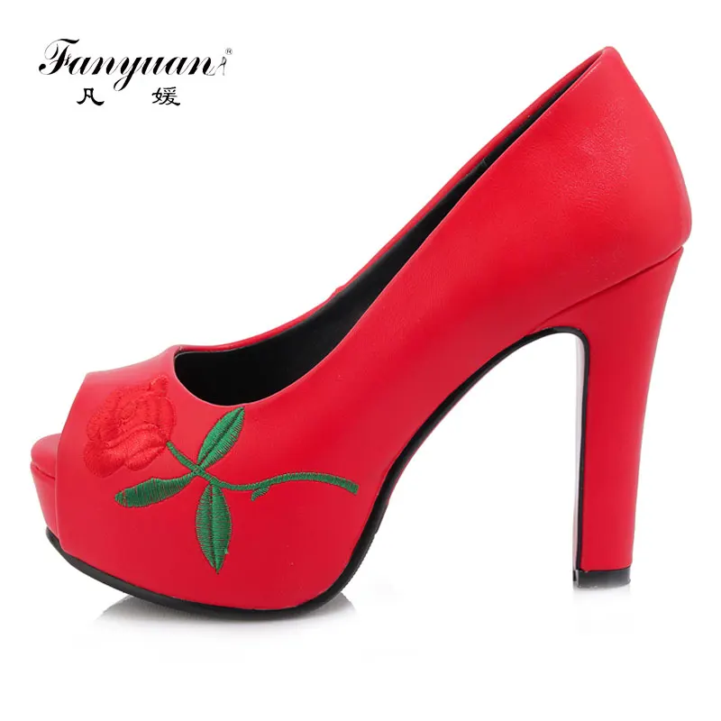 

Fanyuan High-end women Stilettos high heel shoes Elegant Rose Embroidery Peep toe Solid Wedding Party Platform Pumps for ladies