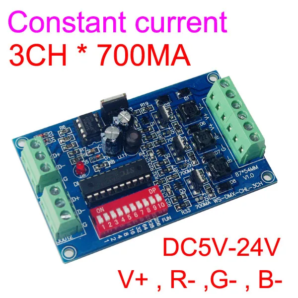 

constant current 3 channel 700MA DMX512 RGB controller Common anode 3CH DMX512 decoder DC5-24V input each channel 700MA