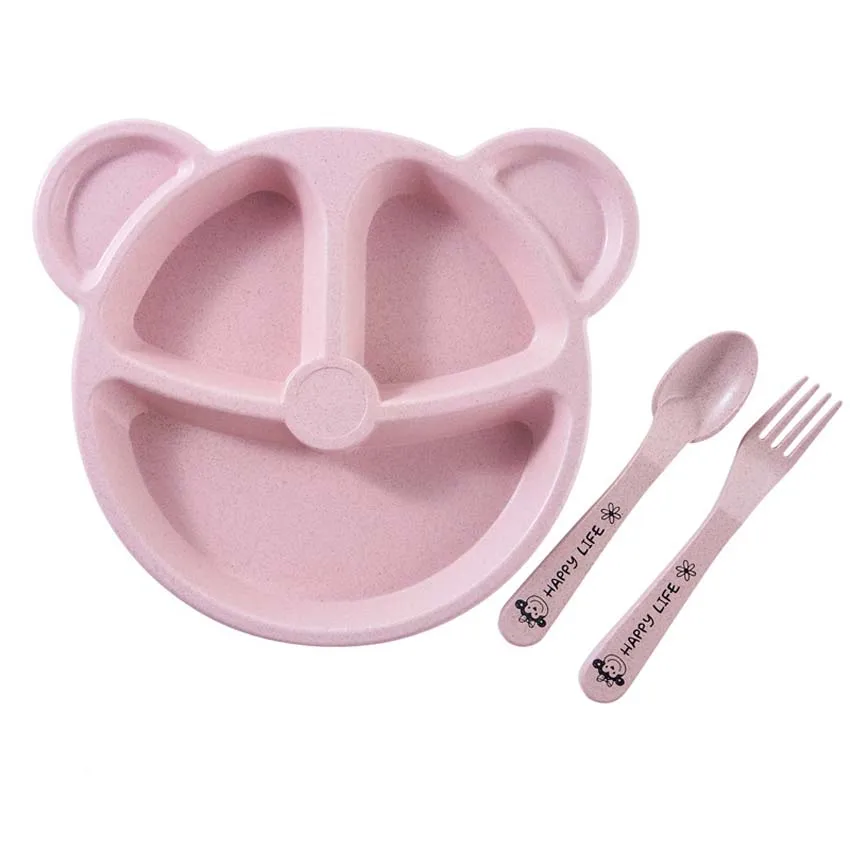 Pink Bear Set 3 шт./компл. Набор тарелок для кормления малышей, чаша, Трубная решётка, вилки для детей, столовая посуда, бамбуковое волокно, контейнер для еды, детская посуда, BPA бесплатно - Цвет: Pink Bear Set