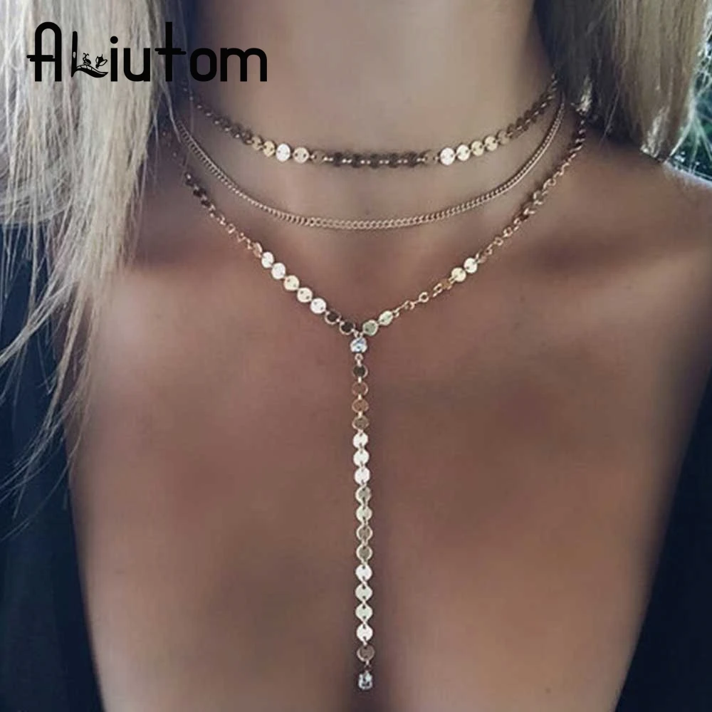 

ALIUTOM 2020 Copper material sequins crystal necklace tassel pendant 3 layer Set Disc Lariat Pendant Necklaces Bohemian jewelery