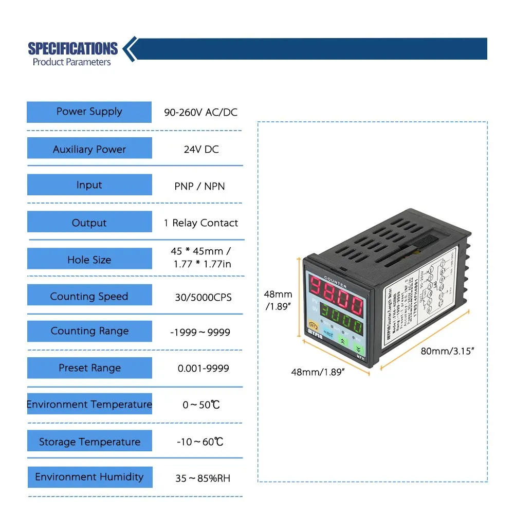 MYPIN 90 260V AC/DC предустановленных 4 цифровой счетчик многоцелевой Длина