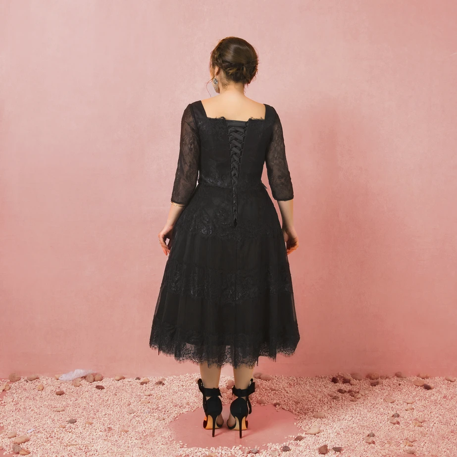 JaneVini Vestidos Plus Size Mother Of The Bride Dresses A Line Black Lace Tea-Length Vintage Long Evening Gowns For Wedding 2018 | Свадьбы и