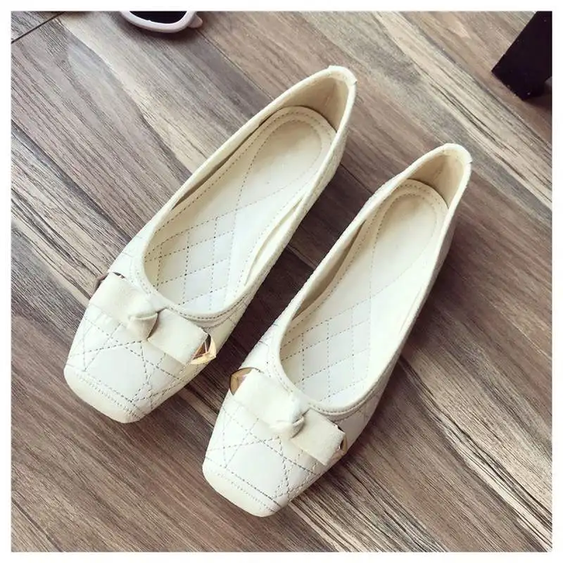 SUOJIALUN плюс Size35-40 Женская обувь на плоской подошве Осенняя женская обувь слипоны лоферы с квадратным носом Бабочка-узел балетки на плоской подошве женская обувь - Цвет: Бежевый