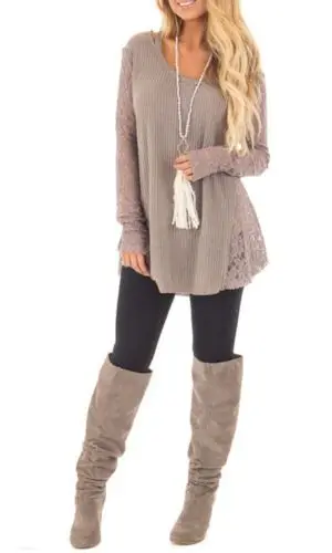 Женский свитер с длинным рукавом круглым вырезом и кружевом | Женская одежда