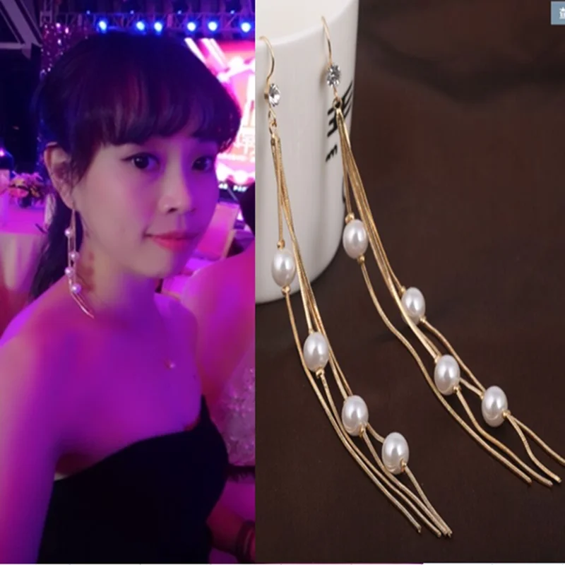 

Grace Jun Korea Style Long Tassel Simulated Pearl Geometric Clip on Earrings No Pierced for Women Charm Pierced Earrings Bijoux