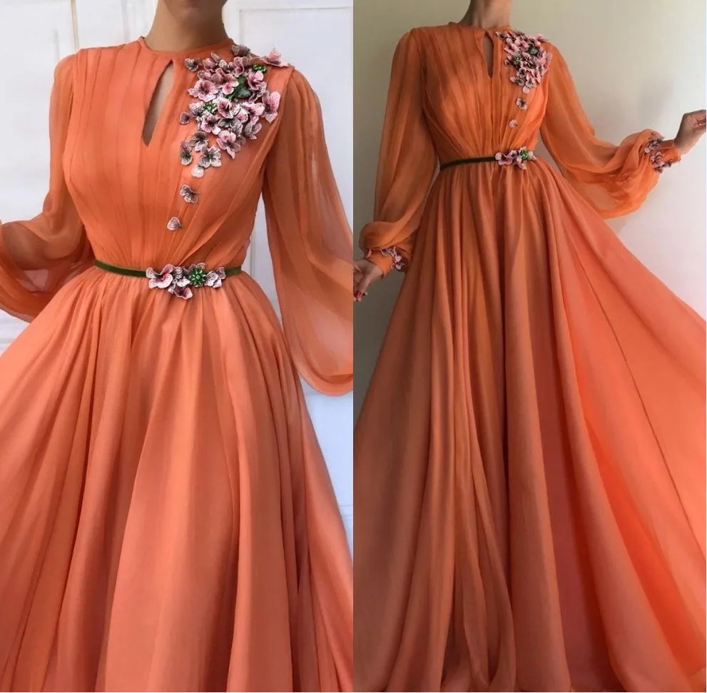

Robe de soiree Dubai Orange 3D Flower Evening Dresses Long 2019 Saudi Arabic Long Sleeves Chiffon Evening Gown Prom Party Gown