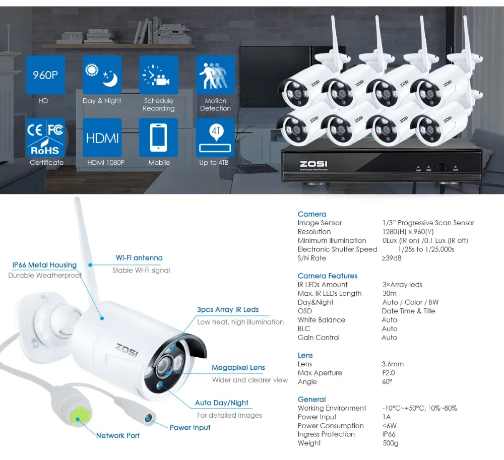 ZOSI 960P 8CH Беспроводной NVR CCTV Системы Wi-Fi 1.3MP ИК Открытый Пуля P2P IP Камера Водонепроницаемый камера наружного видеонаблюдения комплект 1 ТБ