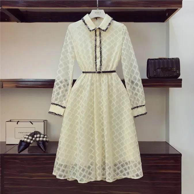Новинка 2019 модное осеннее женское кружевное платье с длинным рукавом и круглым