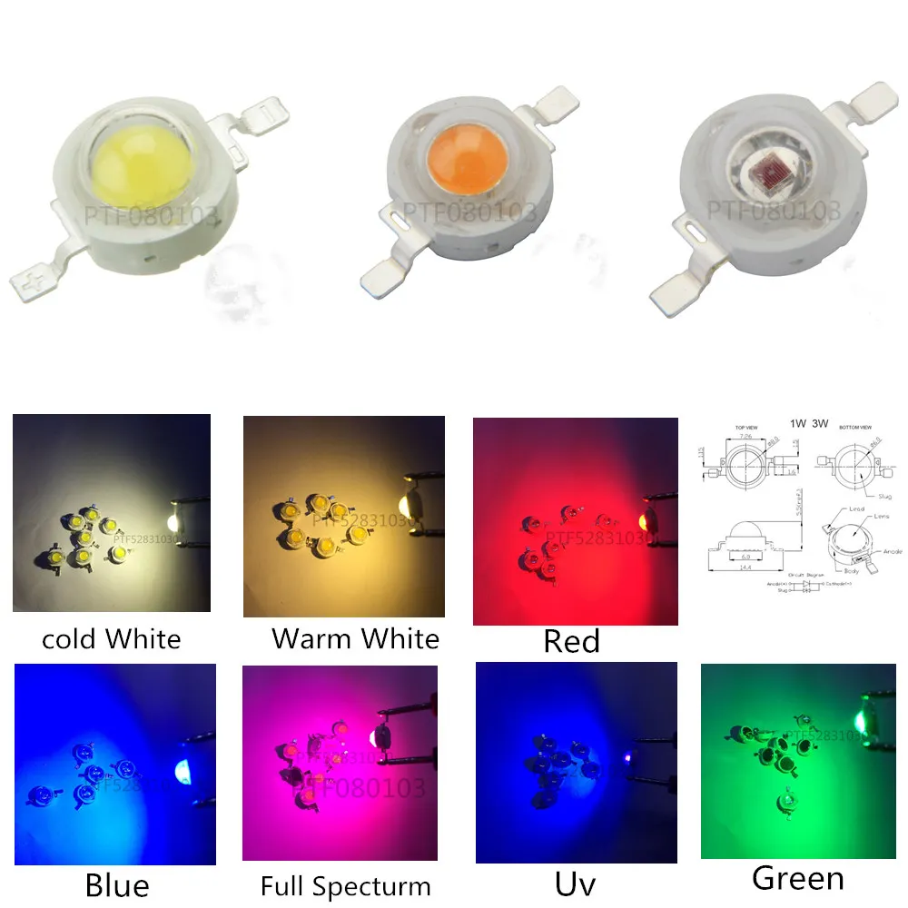 50 шт. LED 1 Вт 3 высокомощный светодиодный чип RGB королевский синий темно-красный