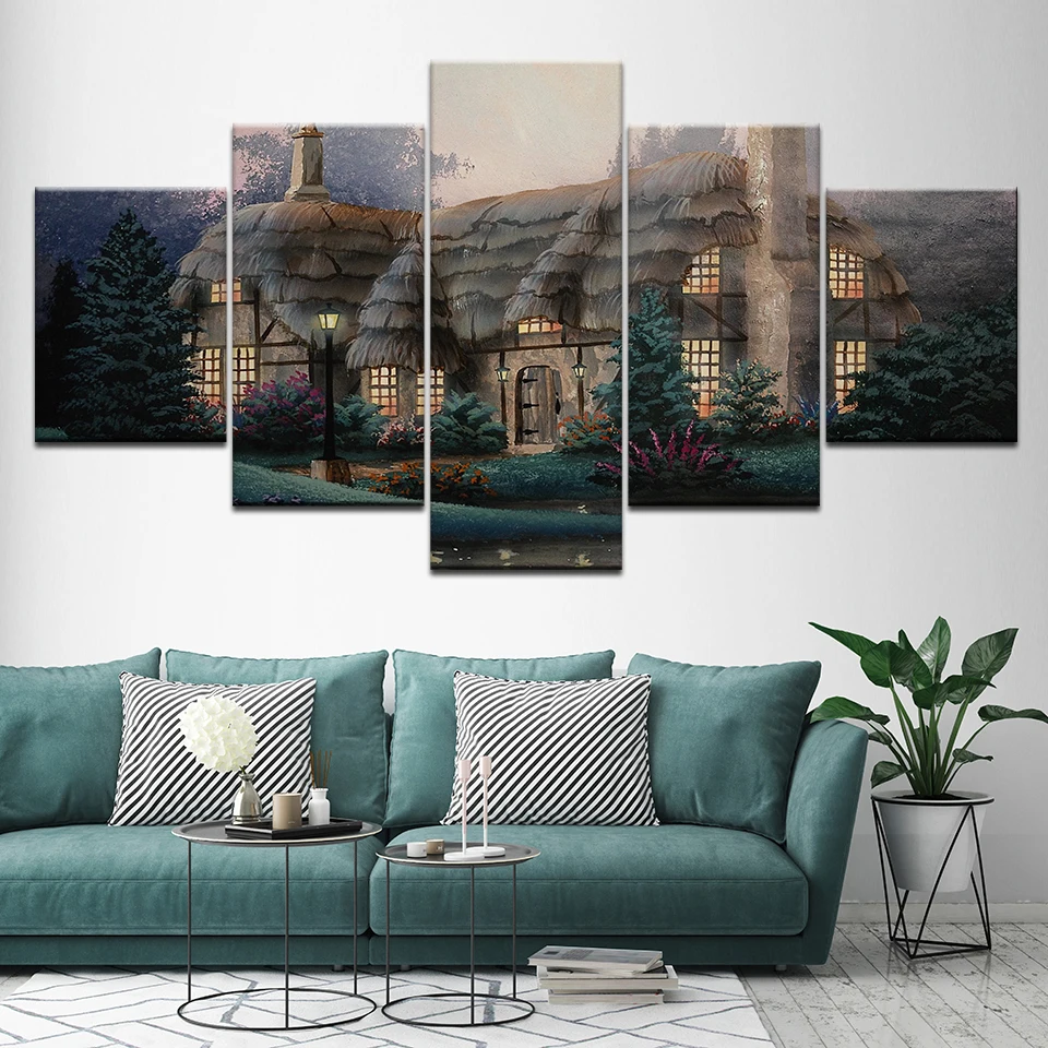 Canvas Painting Thatched house landscape 5 Pieces Wall Art Modular Wallpapers Poster Print for living room Home Decor | Дом и сад