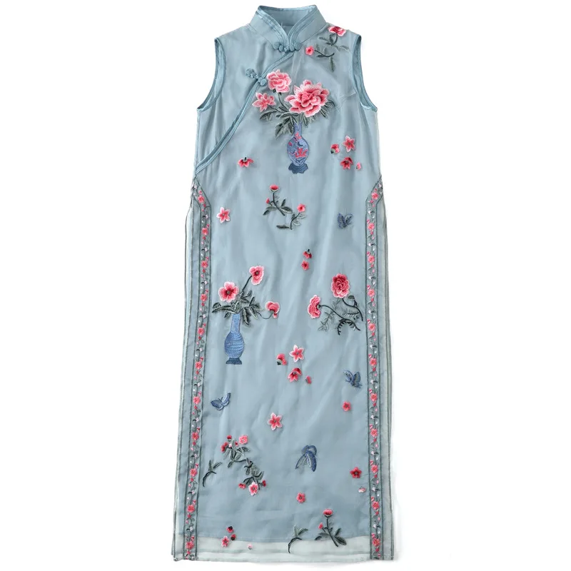 Шелковое платье cheongsam с вышивкой и воротником стойкой супер сказочное мозаичное