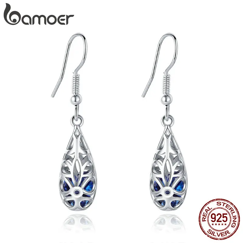 BAMOER 925 пробы серебряные серьги-капельки геометрические простые ажурные Висячие серьги для женщин подлинные серебряные ювелирные изделия SCE466
