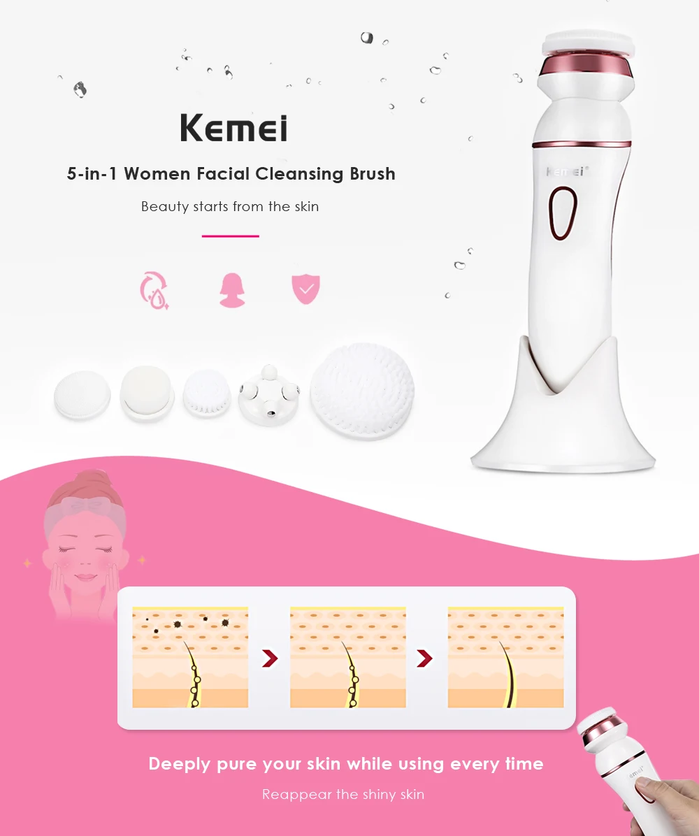 Kemei 7204 5 в 1 Для женщин средство для нежной глубокой чистки набор по уходу за кожей лица и тела Перезаряжаемые Электрический массажер для лица устройства
