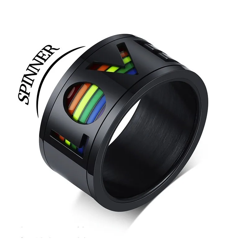 Spinner Ring 10 мм Эмаль Радуга Полосатый обручальное кольцо для мужчин нержавеющая сталь труба кольцо в черный мужской ювелирные изделия - Цвет основного камня: Spinner Ring