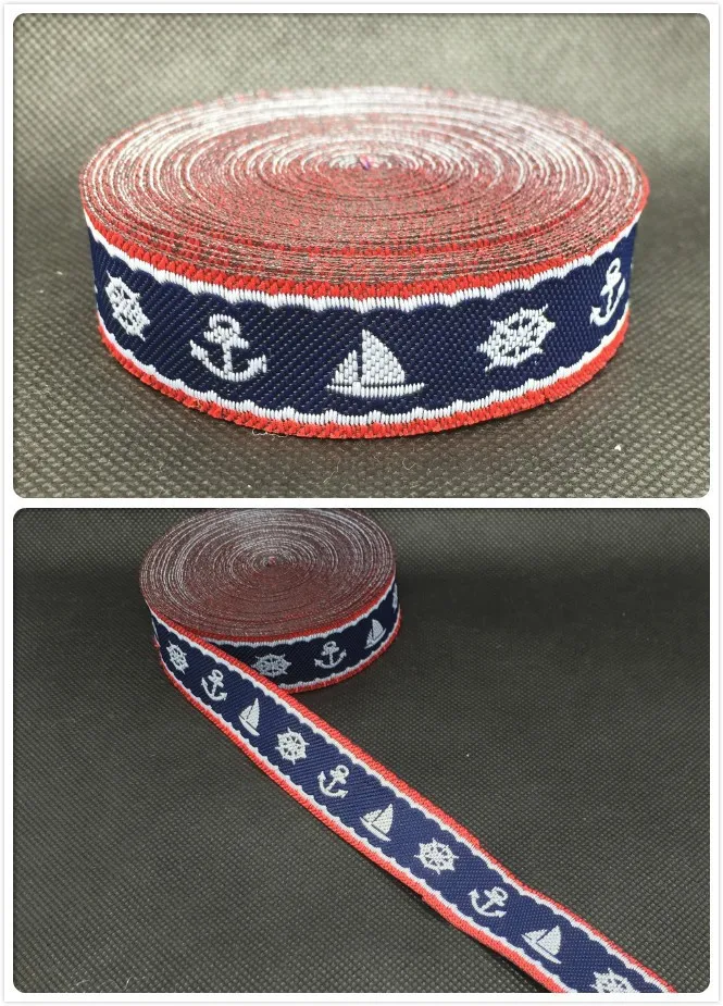 Новинка года; ; 3/4 '(20mmx10yards) полиэстер тканые жаккардовые ленты темно-синие с парусом и моряков