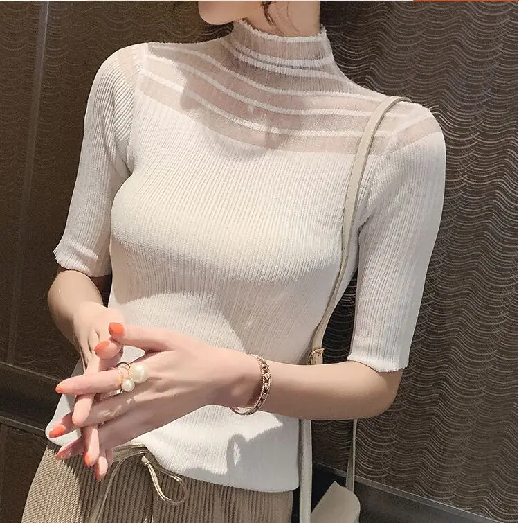 White Лоскутная сетчатая водолазка, вязанные однотонные тонкие футболки с коротким рукавом для девочек, вязаные большие эластичные футболки, топы, футболки для женщин - Цвет: White
