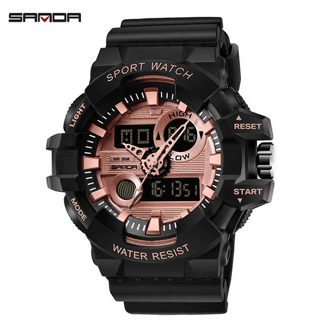 Black Rose Gold SANDA, новинка, спортивные часы для мужчин, светодиодный, цифровые наручные часы для женщин, модные, G стиль, часы, водонепроницаемые, мужские часы, relogio masculino - Color: Black Rose Gold