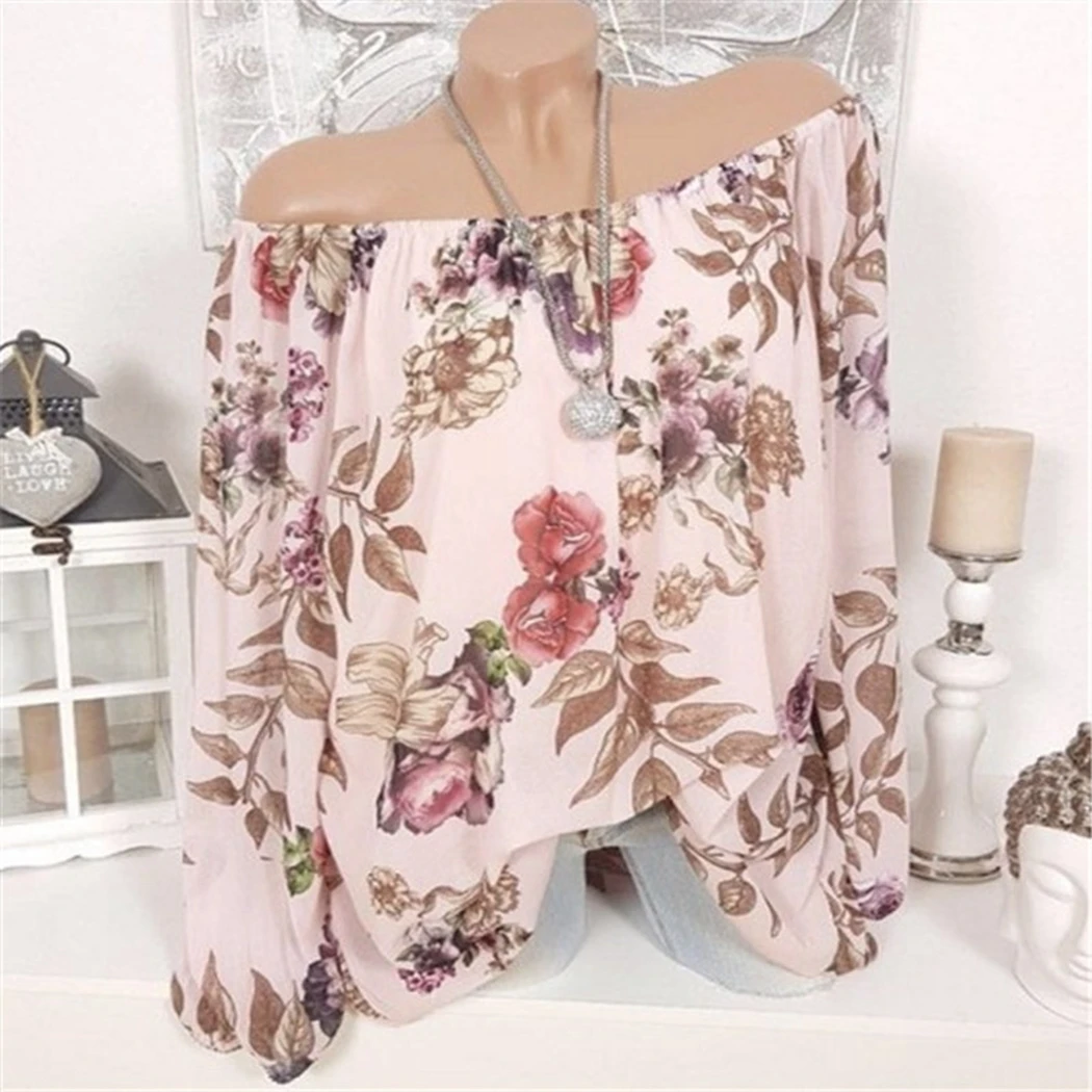 Women Slash Neck Blouse Shirts Sexy Off Shoulder Floral Print Loose Plus Size Summer Long Sleeve Tops Tunic Femme Blusa |